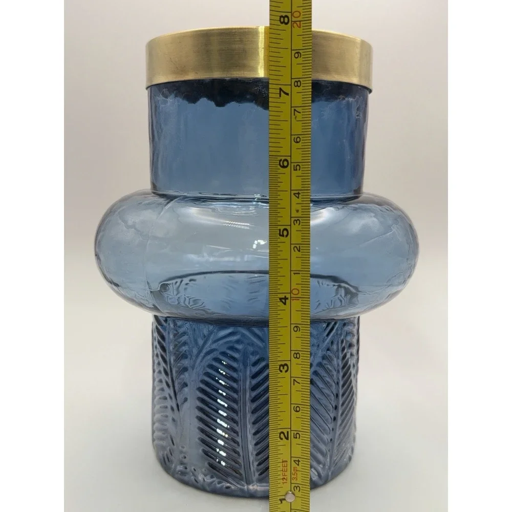 Contemporary MCM Blue Glass Vase Brass Rim Bubble Shape Fern Leaf Textured 8